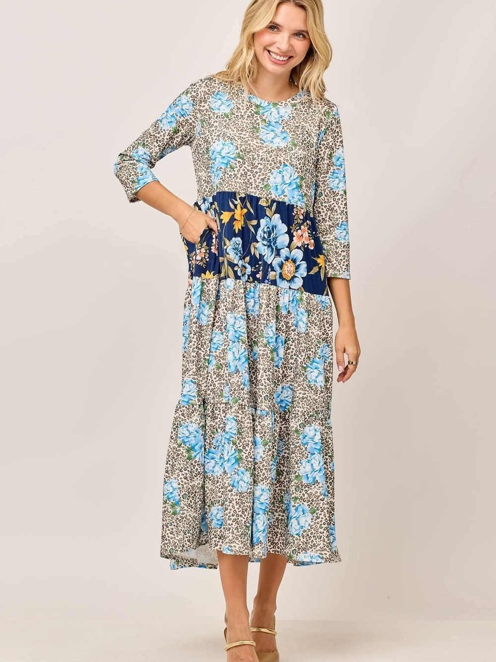 Celeste Blue Floral & Leopard Tiered Maxi Dress